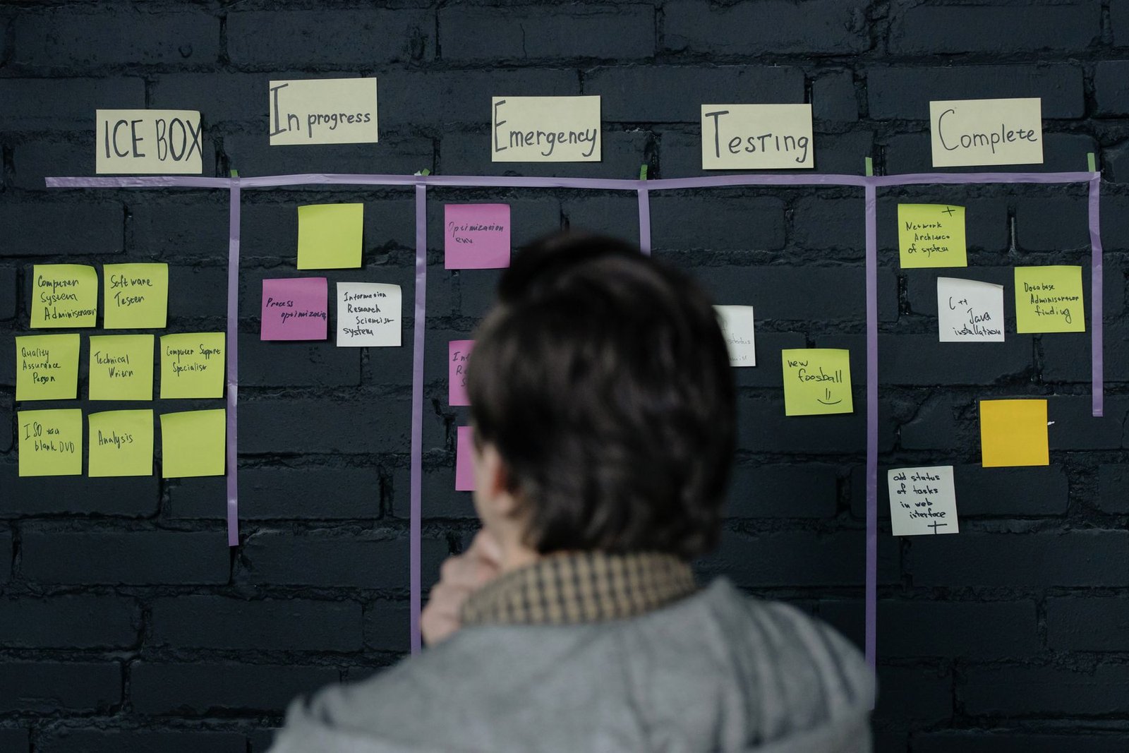 Scrum-Verantwortlicher prüft Aufgaben auf einem Sprint-Board